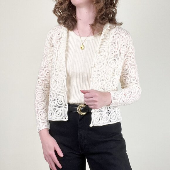 Vintage 100% Merino Wool Open Knit Lace Cardigan Sweater Quiet Luxury Old Money - Picture 12 of 12